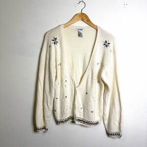 Silk Angora Wool vintage Cream Cardigan rhinestone beaded sz L black sweater